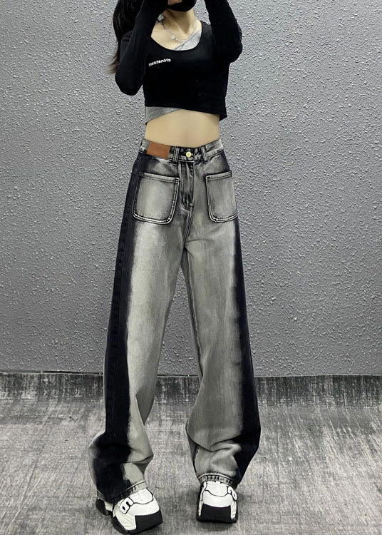 Fashion Colorblock Pockets High Waist Denim Wide Leg Pants Fall