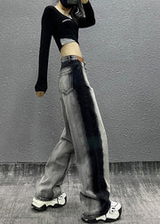 Fashion Colorblock Pockets High Waist Denim Wide Leg Pants Fall