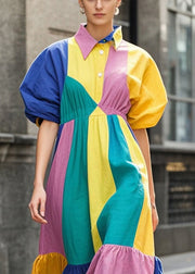 Fashion Colorblock Puff Sleeve Patchwork Cotton Party Dress Summer