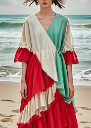 Fashion Colorblock Ruffled Layered Patchwork Cotton Dresses Summer