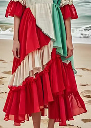 Fashion Colorblock Ruffled Layered Patchwork Cotton Dresses Summer