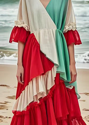Fashion Colorblock Ruffled Layered Patchwork Cotton Dresses Summer