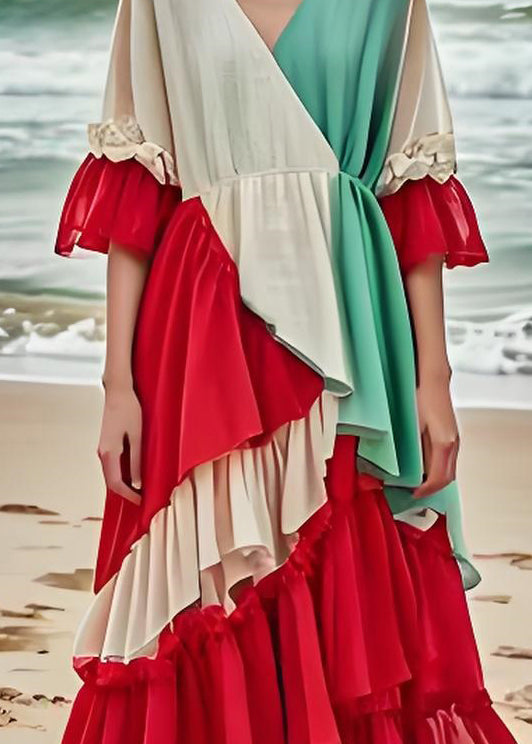 Fashion Colorblock Ruffled Layered Patchwork Cotton Dresses Summer