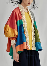 Fashion Colorblock Ruffled Patchwork Cotton Cardigan Lantern Sleeve