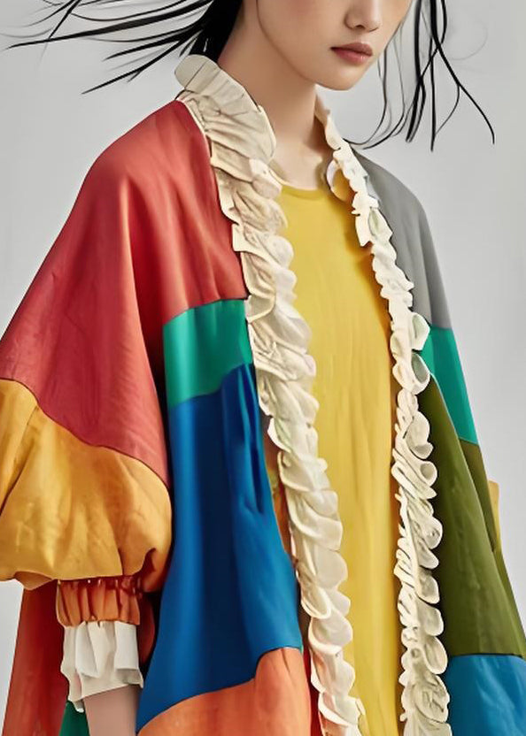 Fashion Colorblock Ruffled Patchwork Cotton Cardigan Lantern Sleeve