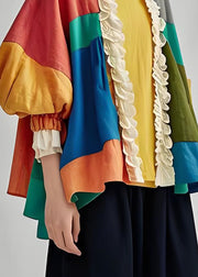 Fashion Colorblock Ruffled Patchwork Cotton Cardigan Lantern Sleeve