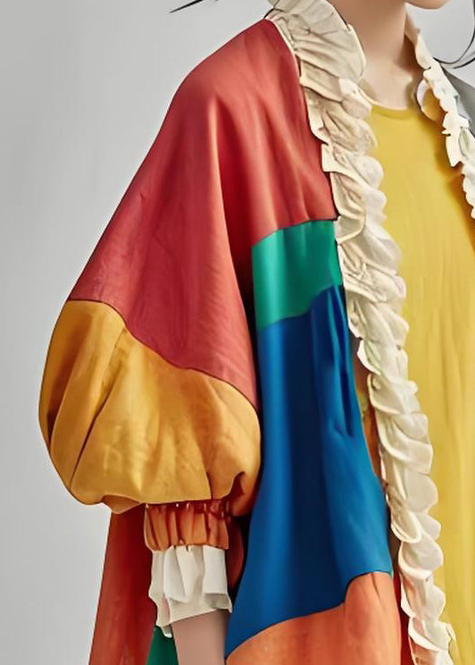 Fashion Colorblock Ruffled Patchwork Cotton Cardigan Lantern Sleeve