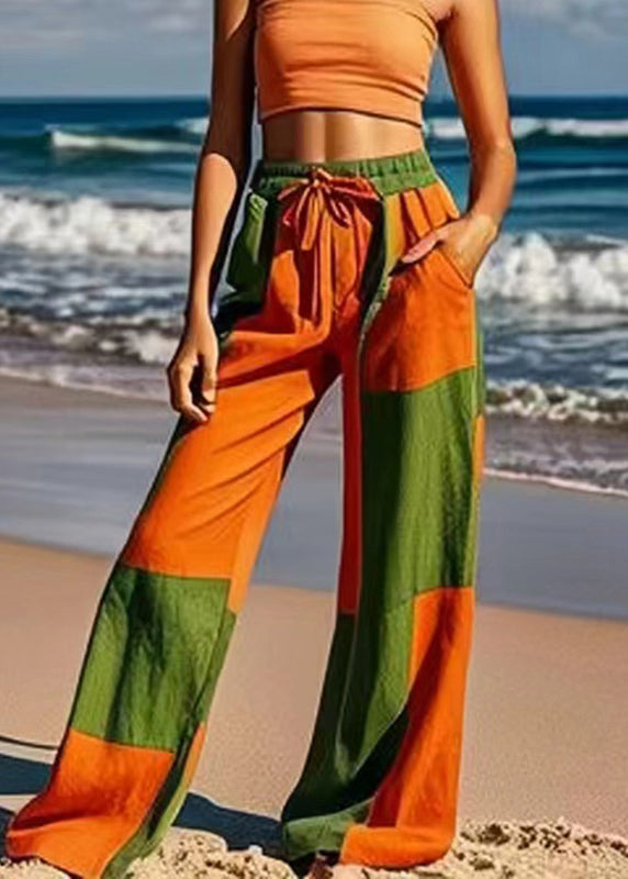 Fashion Colorblock Tie Waist Wide Leg Pants Summer