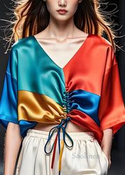 Fashion Colorblock V Neck Cinched Silk Blouses Summer