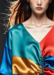 Fashion Colorblock V Neck Cinched Silk Blouses Summer