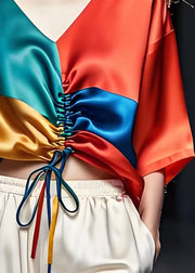 Fashion Colorblock V Neck Cinched Silk Blouses Summer