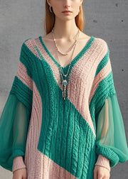 Fashion Colorblock V Neck Patchwork Knit Dress Lantern Sleeve