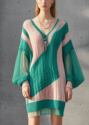 Fashion Colorblock V Neck Patchwork Knit Dress Lantern Sleeve