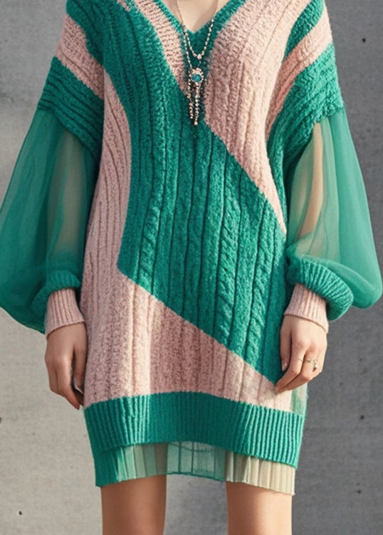 Fashion Colorblock V Neck Patchwork Knit Dress Lantern Sleeve