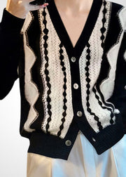 Fashion Colorblock V Neck Patchwork Wool Knit Cardigan Winter