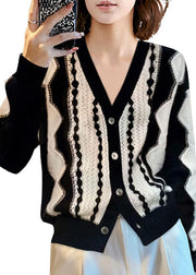 Fashion Colorblock V Neck Patchwork Wool Knit Cardigan Winter