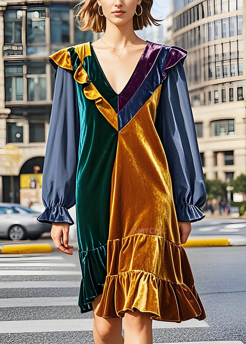 Fashion Colorblock V Neck Ruffled Patchwork Velvet Dress Fall