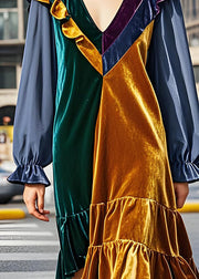 Fashion Colorblock V Neck Ruffled Patchwork Velvet Dress Fall