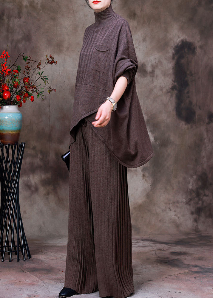 Fashion Dark Chocolate Colour Asymmetrical Knit Sweaters And Pants Two Piece Set Fall