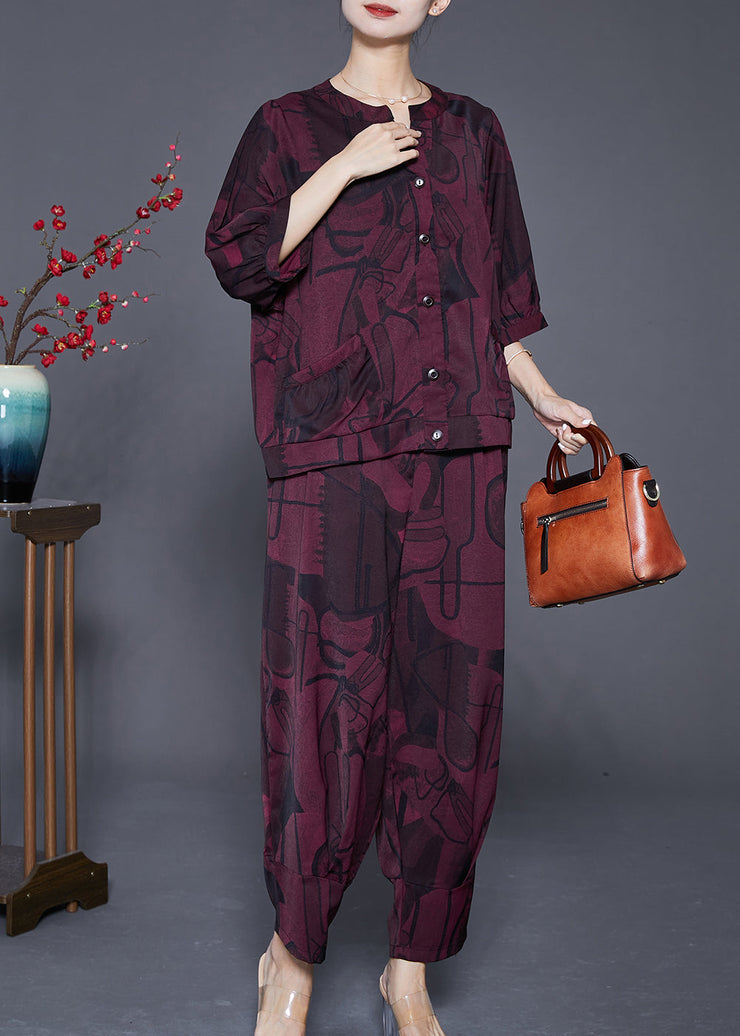 Fashion Dark Purple Oversized Print Silk Two Piece Set Outfits Summer