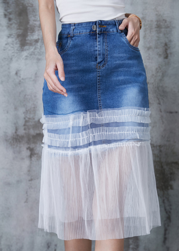 Fashion Denim Blue Ruffled Patchwork Tulle Skirt Summer