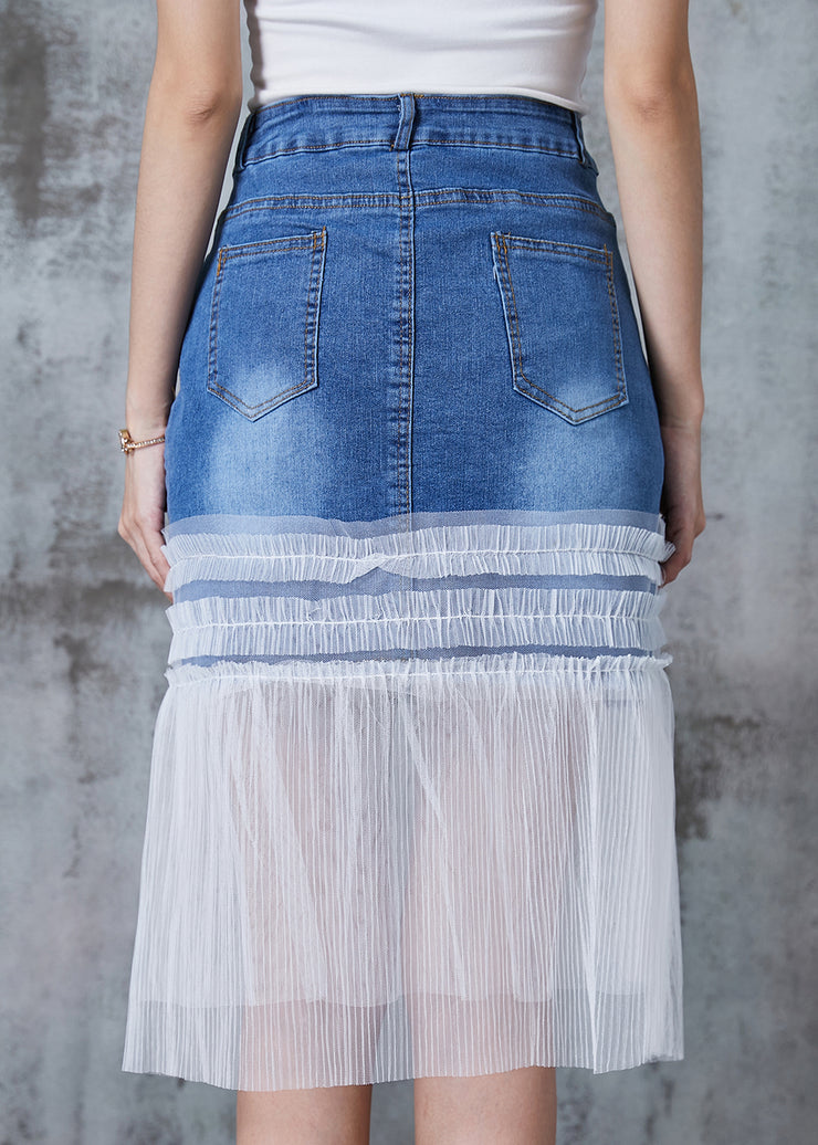 Fashion Denim Blue Ruffled Patchwork Tulle Skirt Summer