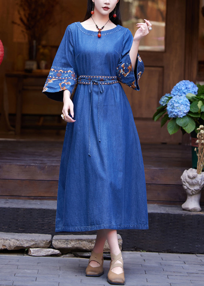 Fashion Denim Navy Patchwork Tie Waist Maxi Dress Flare Sleeve