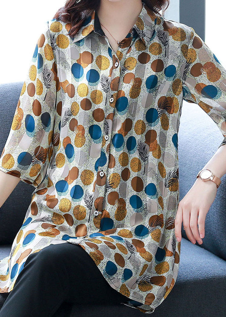 Fashion Dot Print Peter Pan Collar Button Silk Shirt Top Summer