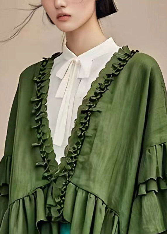 Fashion Dull Green V Neck Ruffled Patchwork Coats Long Sleeve