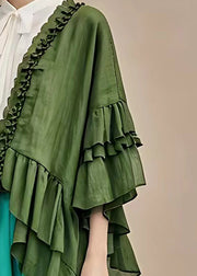 Fashion Dull Green V Neck Ruffled Patchwork Coats Long Sleeve