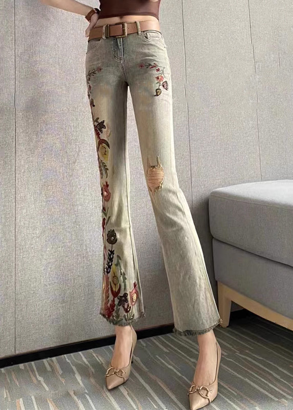 Fashion Embroidered Pockets Denim Flare Bottoms Fall