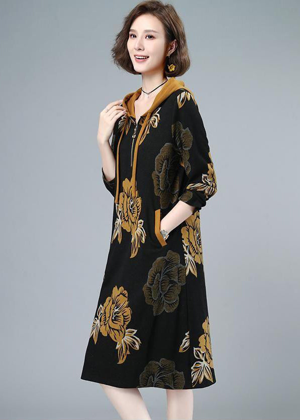 2025 Fashion Floral Cinched Velour Hooded Dress Fall