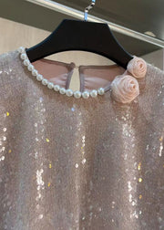 Fashion Floral Pearl Embellished Lantern Sleeve Sequin Shirt