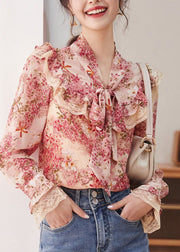 Fashion Floral Print Bow Lace Patchwork Chiffon Shirt Tops Spring