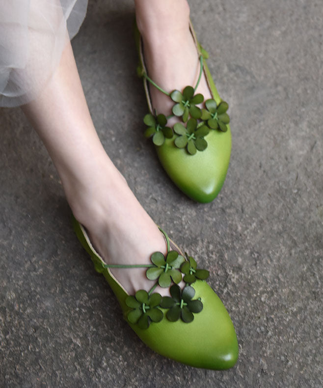 Fashion Floral Splicing Flat Shoes Pointed Toe Green Cowhide Leather