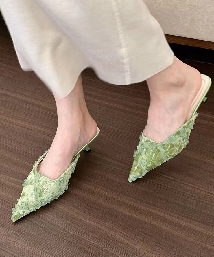 Fashion Floral Splicing Kitten Green Slide Sandals Pointed Toe