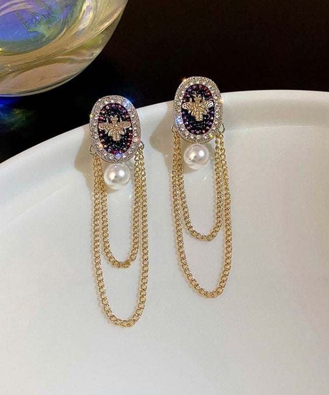 Fashion Gold Alloy Pearl Crystal Zircon Tassel Drop Earrings