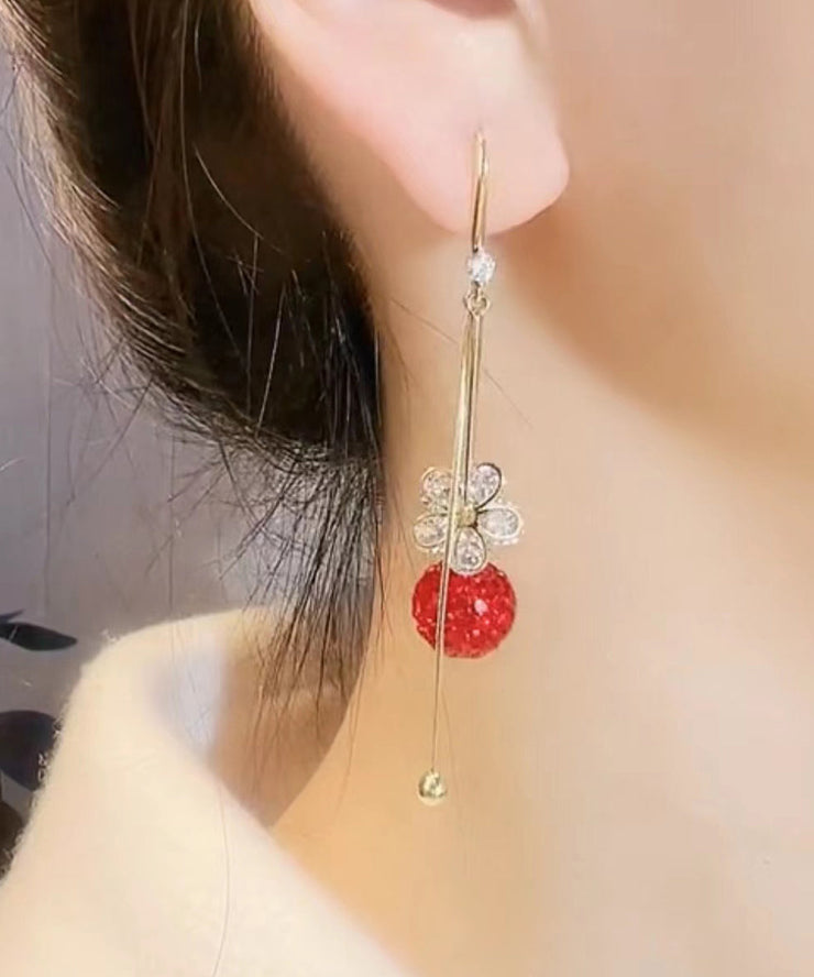 Fashion Gold Alloy Zircon Floral Ball Tassel Drop Earrings