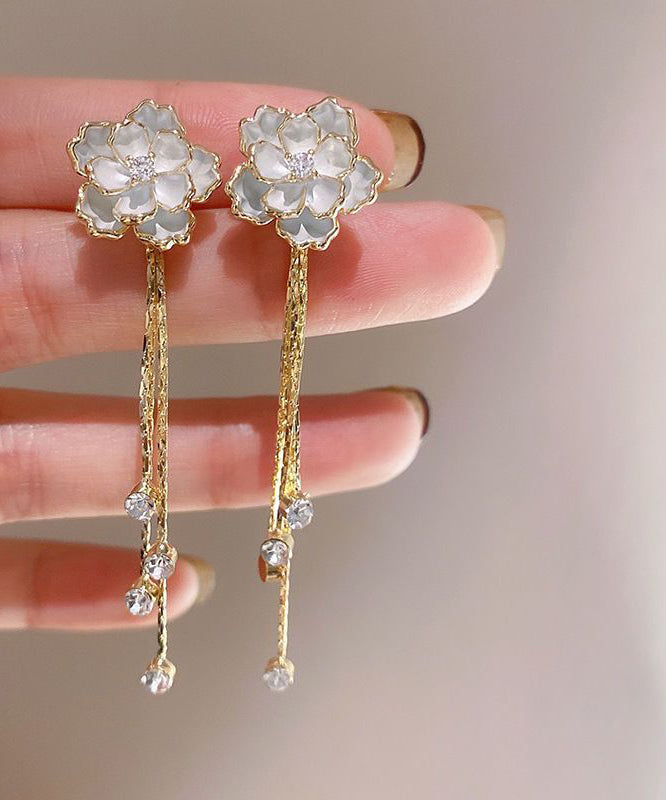 Fashion Gold Copper Alloy Zircon Camellia Tassel Drop Earrings