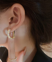 Fashion Gold Copper Alloy Zircon D Type Hoop Earrings