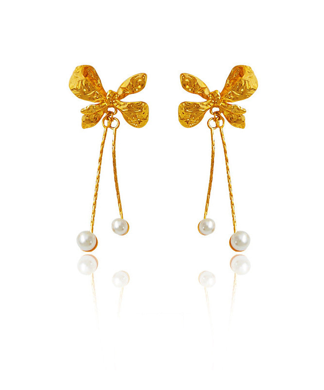 Fashion Gold Copper Pearl Bow Tassel Drop Earrings