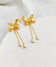 Fashion Gold Copper Pearl Bow Tassel Drop Earrings