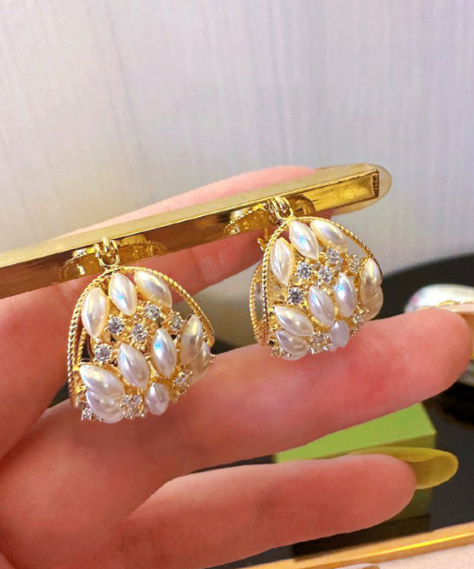 Fashion Gold Copper Zircon Pearl Flower Basket Hoop Earrings