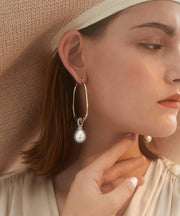 Fashion Gold Sterling Silver Alloy Zircon Pearl Hoop Earrings