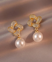 Fashion Gold Sterling Silver Alloy Zircon Pearl Square Drop Earrings