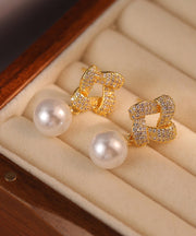 Fashion Gold Sterling Silver Alloy Zircon Pearl Square Drop Earrings