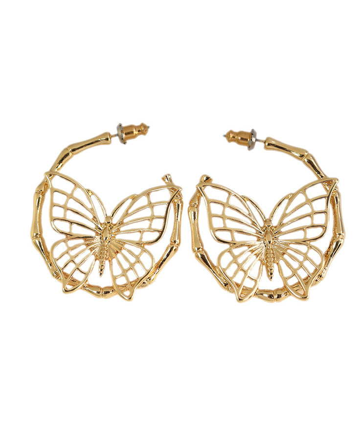 Fashion Gold Sterling Silver Overgild Butterfly Hollow Out Hoop Earrings