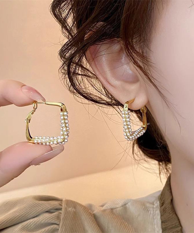 Fashion Gold Sterling Silver Overgild Inlaid Pearl Square Hoop Earrings