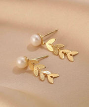 Fashion Gold Sterling Silver Overgild Pearl Ear Of Wheat Stud Earrings