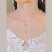 Fashion Gold Sterling Silver Overgild Pearl Zircon Bell Orchid Tassel Pendant Necklace